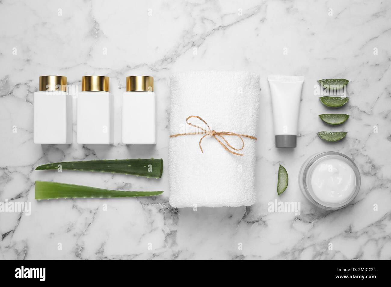 Flat lay composition with aloe vera and cosmetic products on white ...