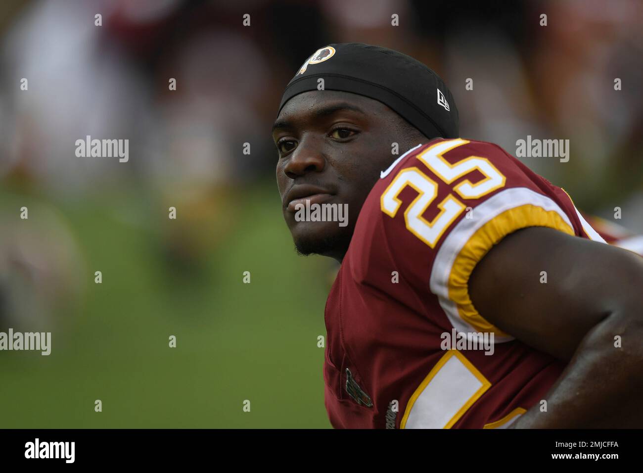 Washington Redskins cornerback Jimmy Moreland (25) warms up before the  start of a NFL preseason football game against the Cincinnati Bengals in  Landover, Md., Thursday, Aug. 15, 2019. (AP Photo/Susan Walsh Stock