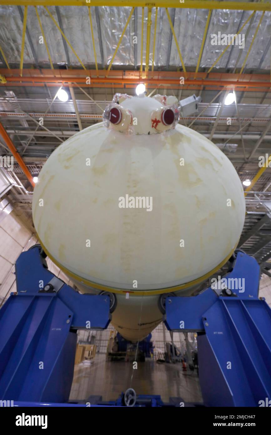 A view of the NASA core stage of the Space Launch System, which will ...