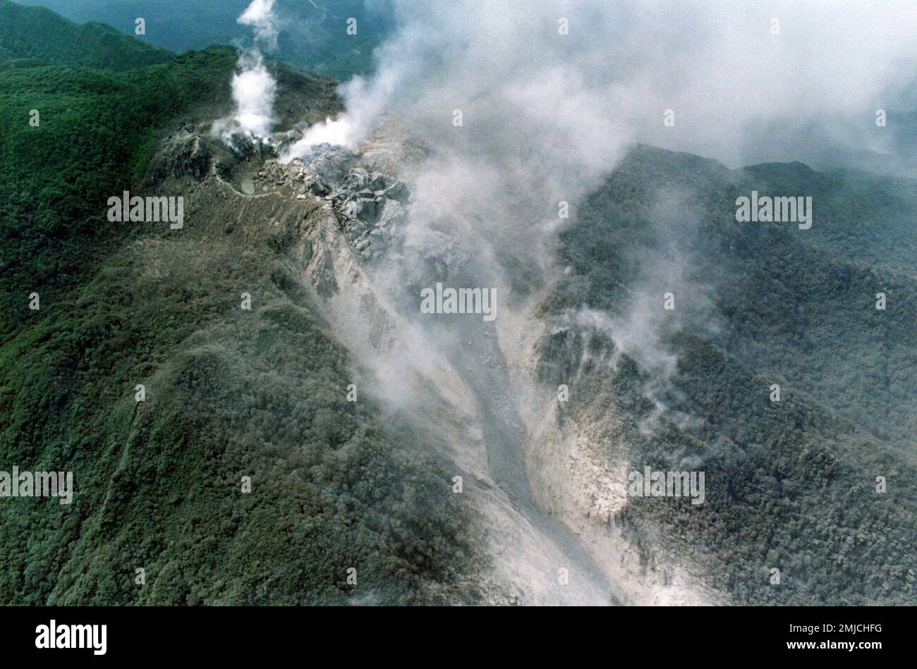 White smoke billows from the crater of Mount Unzen in Shimabara