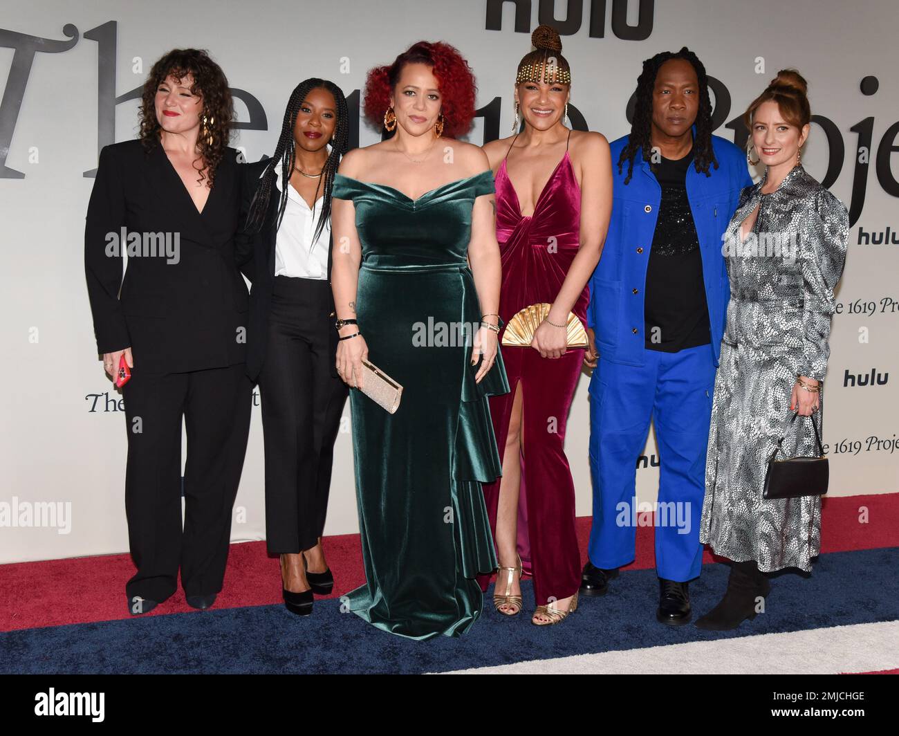 26 January 2023 - Los Angeles, California - (L-R) Caitlin Roper, Tara Duncan, Shoshana Guy, , Nikole Hannah-Jones, Roger Ross Williams and Kathleen Lingo. Hulu's ''The 1619 Project'' Los Angeles Premiere at the Academy Museum of Motion Pictures. (Credit Image: © Billy Bennight/AdMedia via ZUMA Press Wire) EDITORIAL USAGE ONLY! Not for Commercial USAGE! Stock Photo