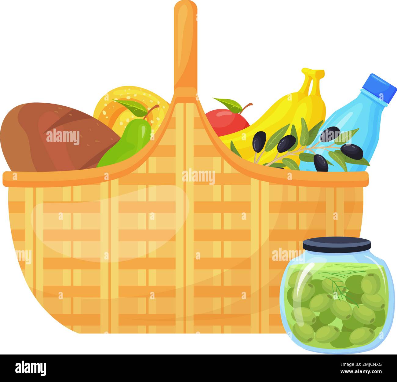 Lunch basket cartoon icon. Woven hamper with food isolated on white