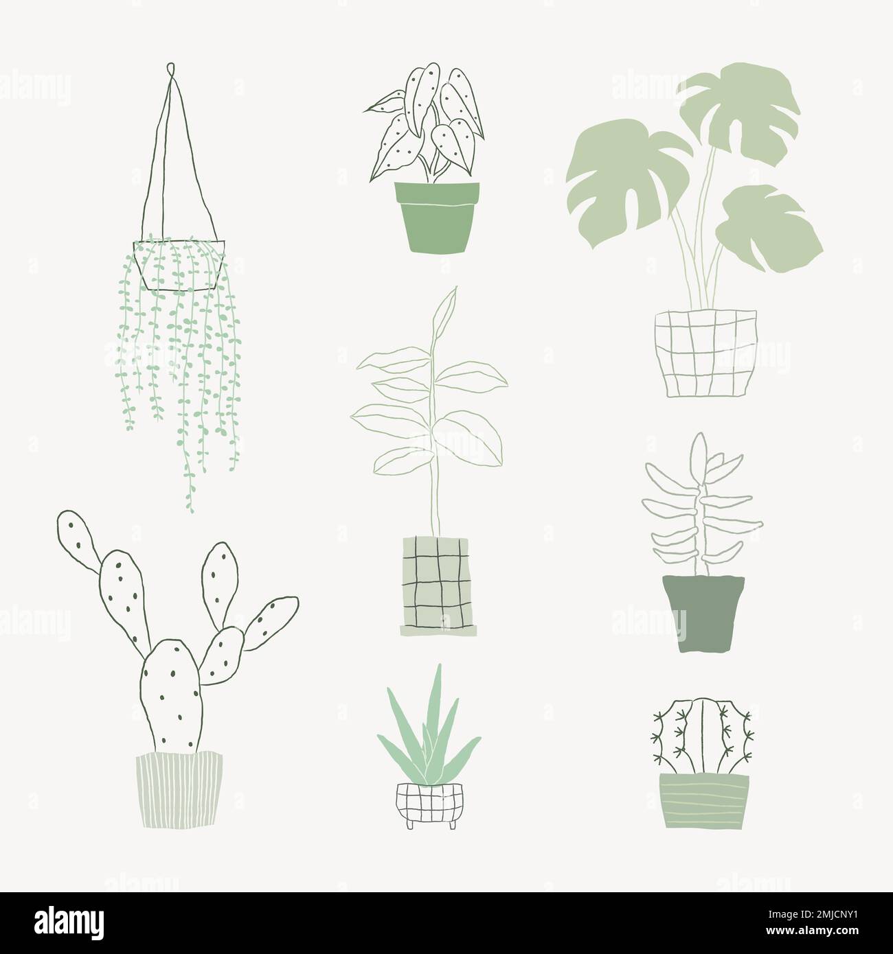 Simple green houseplant doodle vector set Stock Vector