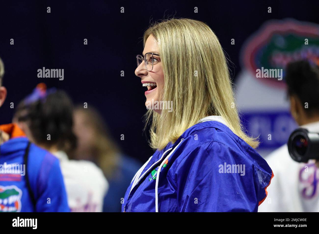 Florida's head coach Jenny Rowland talks with fans during an NCAA