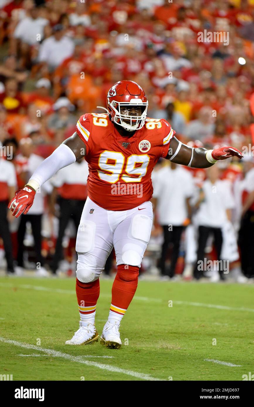 Kansas City Chiefs defensive tackle Khalen Saunders (99) reacts during the  second half of an NFL football game against the San Francisco 49ers in  Santa Clara, Calif., Sunday, Oct. 23, 2022. (AP