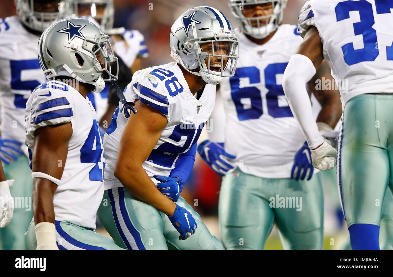 Dallas Cowboys defensive back Jameill Showers (28) reacts against the