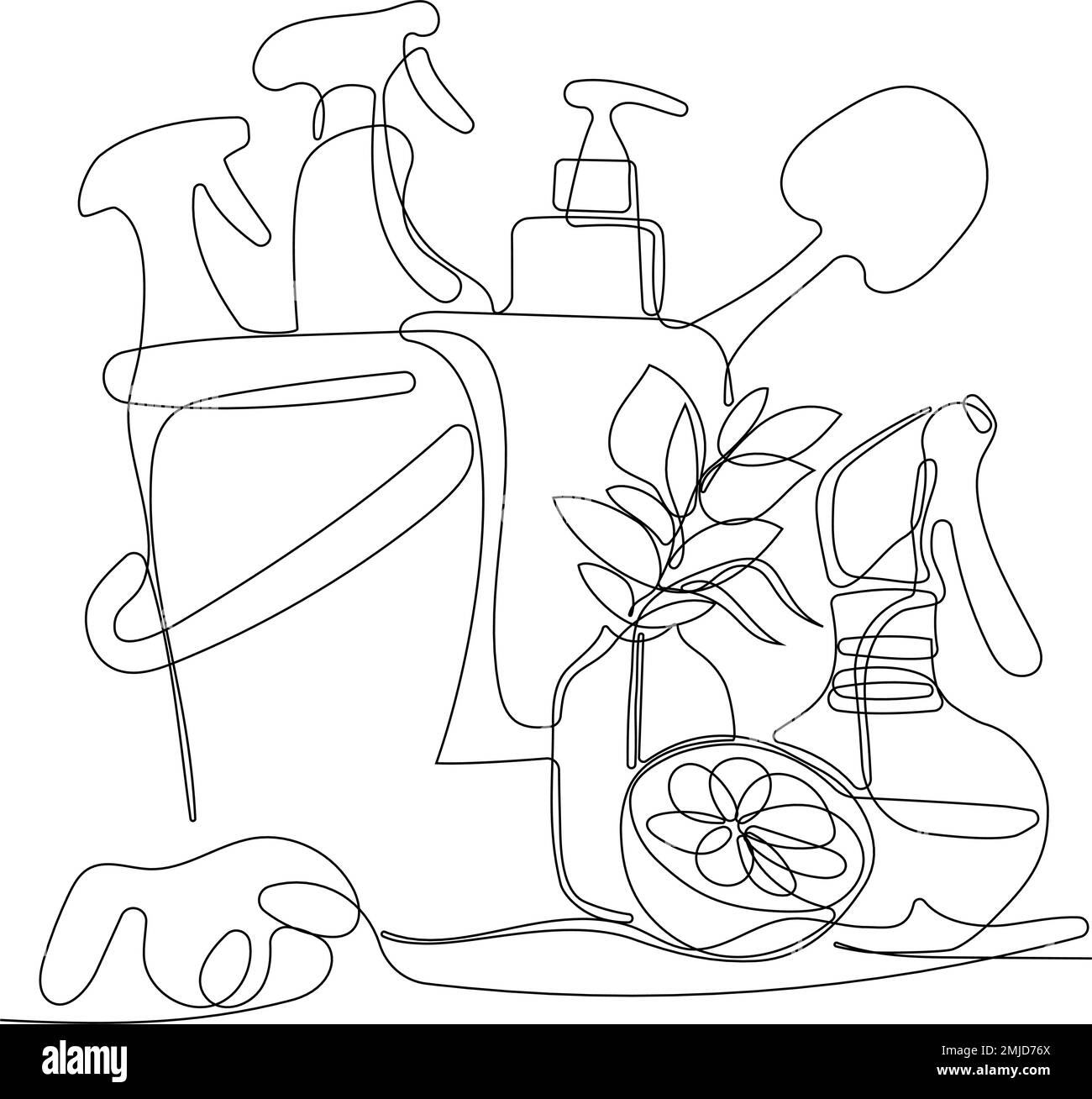 Continuous one line drawing of bottles for liquid laundry detergent, bleach, fabric softener
