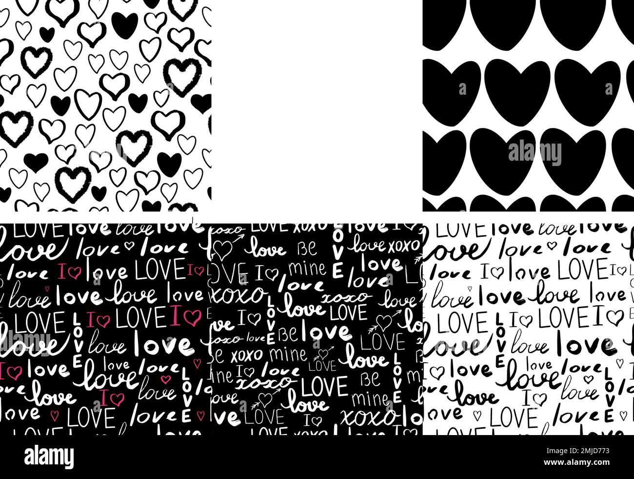 Set Text love, script cute doodle hand drawn seamless pattern on black