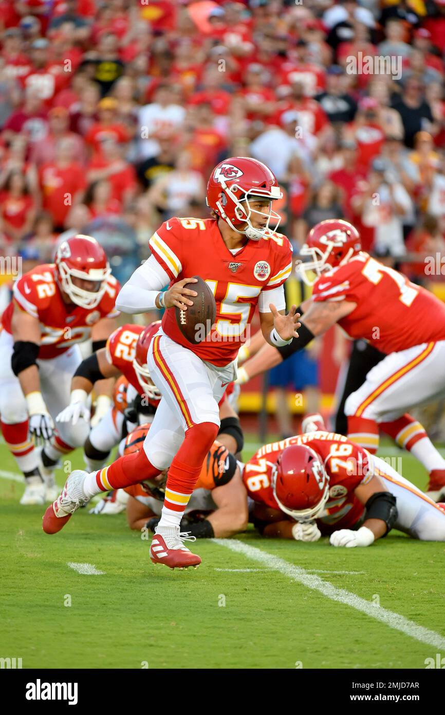 Kansas City Chiefs quarterback Patrick Mahomes (15) scrambles during