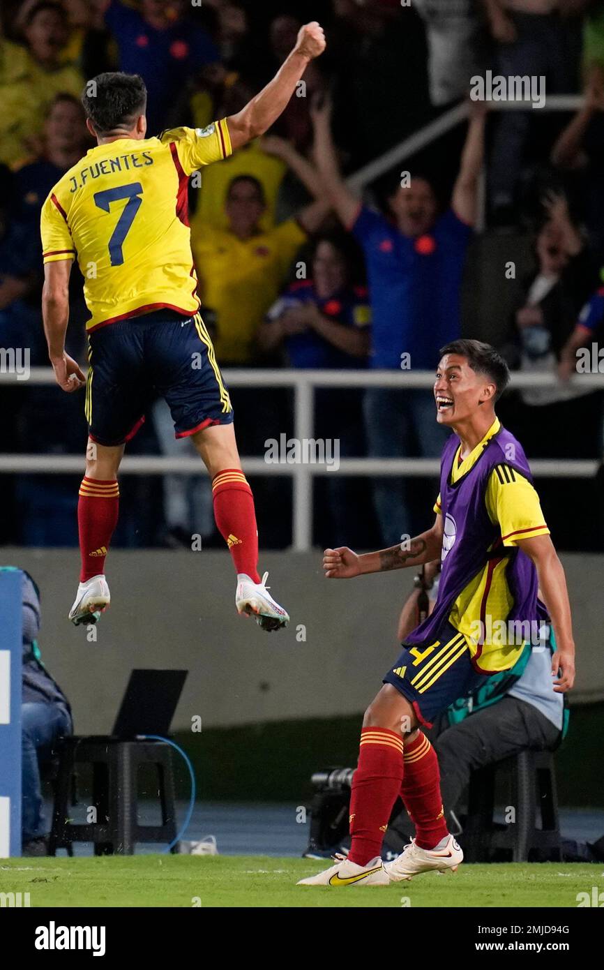 Colombia's Juan Fuentes celebrates scoring the opening goal against