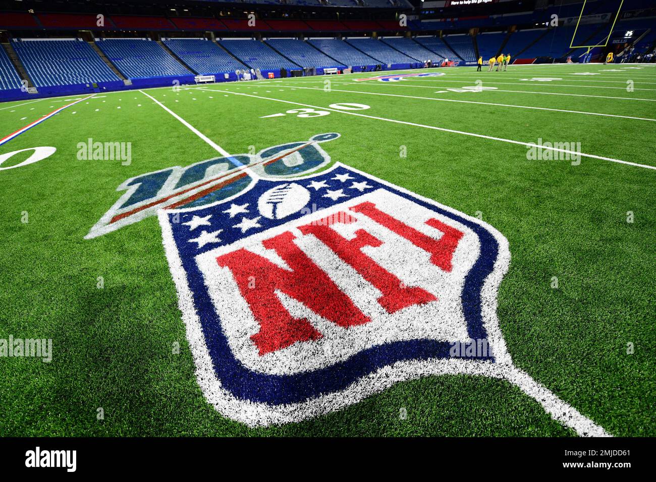 An NFL logo is displayed after an NFL preseason football game between the  Buffalo Bills and the Indianapolis Colts, Thursday, Aug. 8, 2019, in  Orchard Park, N.Y. (AP Photo/David Dermer Stock Photo 