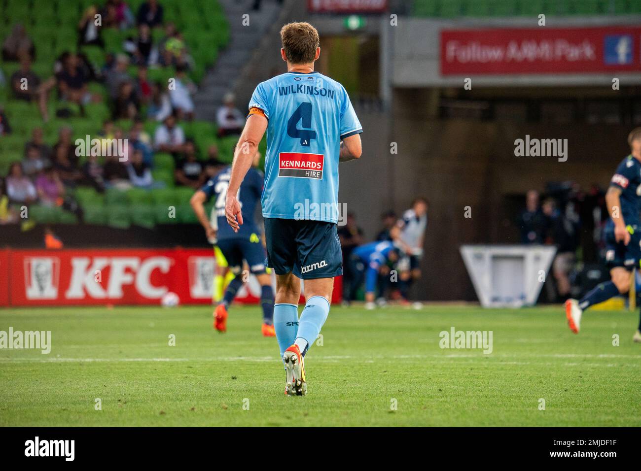 Melbourne, Australia. 26th January 2023. Sydney FC's Alex Wilkinson #4 jogs back into position ahead of a goal kick. Credit: James Forrester/Alamy Live News Stock Photo