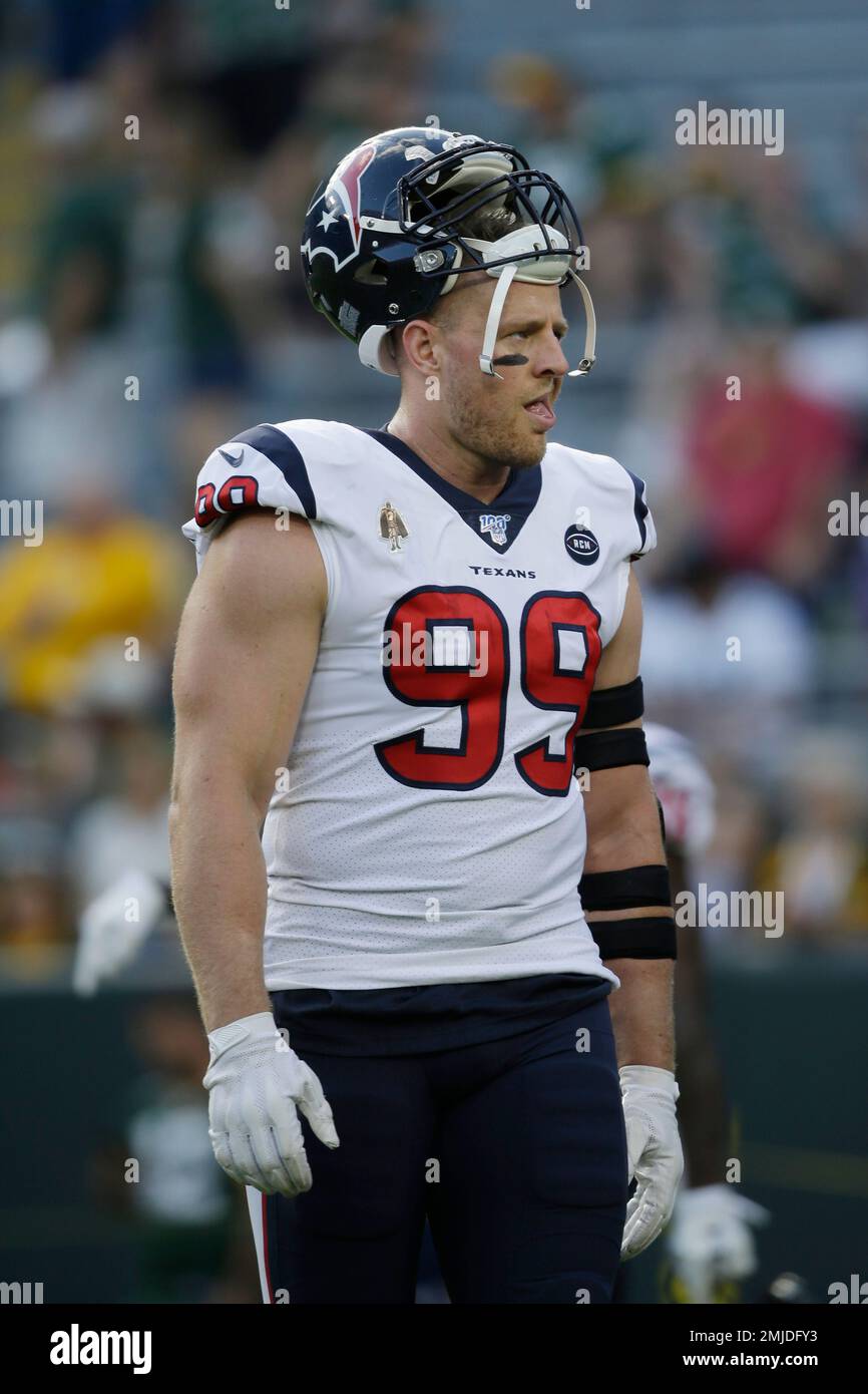 Houston Texans defensive end J.J. Watt warms up before the start of an NFL  preseason football game against the Green Bay Packers Thursday, Aug. 8,  2019, in Green Bay, Wis. (AP Photo/Jeffrey