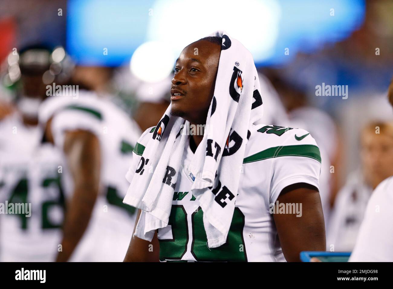 New York Jets running back Bilal Powell watches his team play