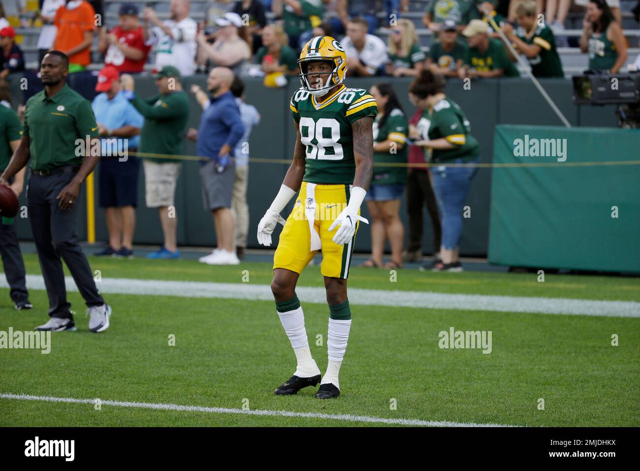 Green Bay Packers wide receiver Teo Redding warms up before the start of an  NFL preseason football game against the Houston Texans Thursday, Aug. 8,  2019, in Green Bay, Wis. (AP Photo/Mike