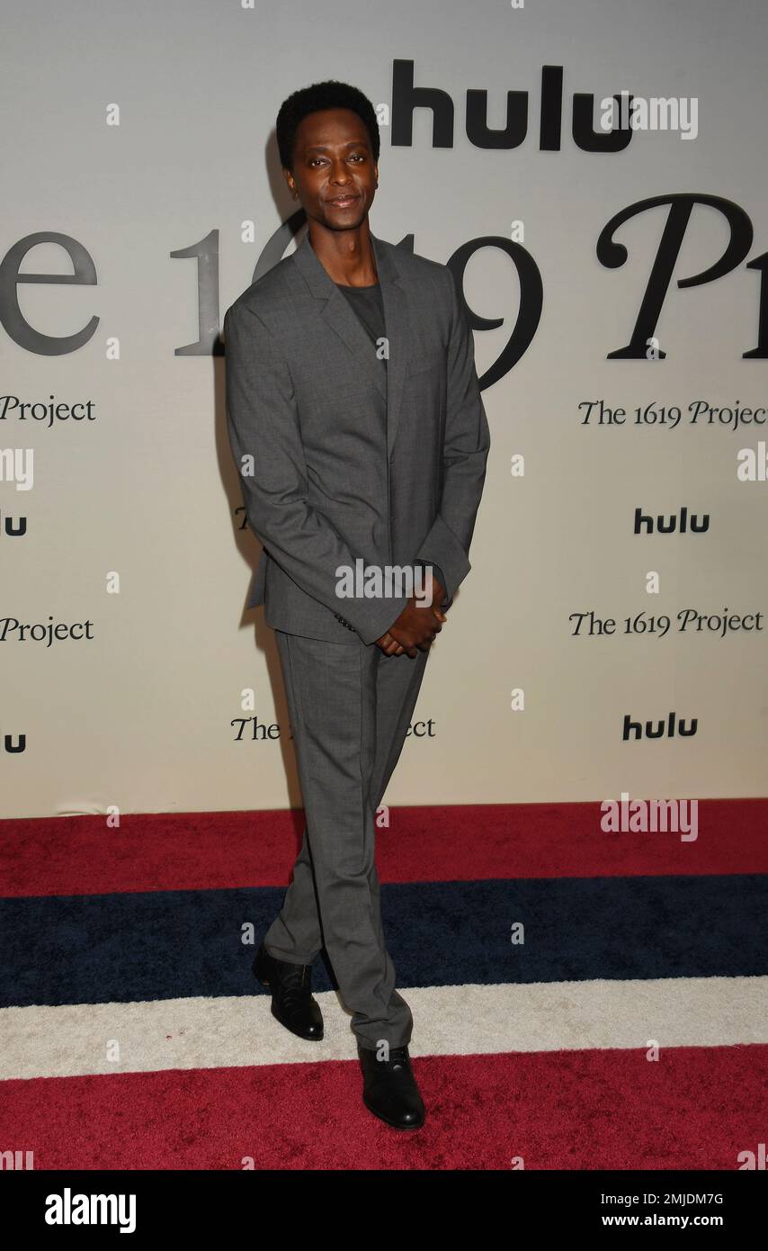 LOS ANGELES, CALIFORNIA - JANUARY 26: Edi Gathegi attends the Los Angeles Red Carpet Premiere Event for Hulu's 'The 1619 Project' at Academy Museum of Stock Photo