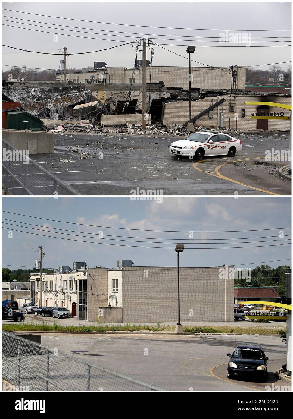 This combination of photos shows a St. Louis County police car passing
