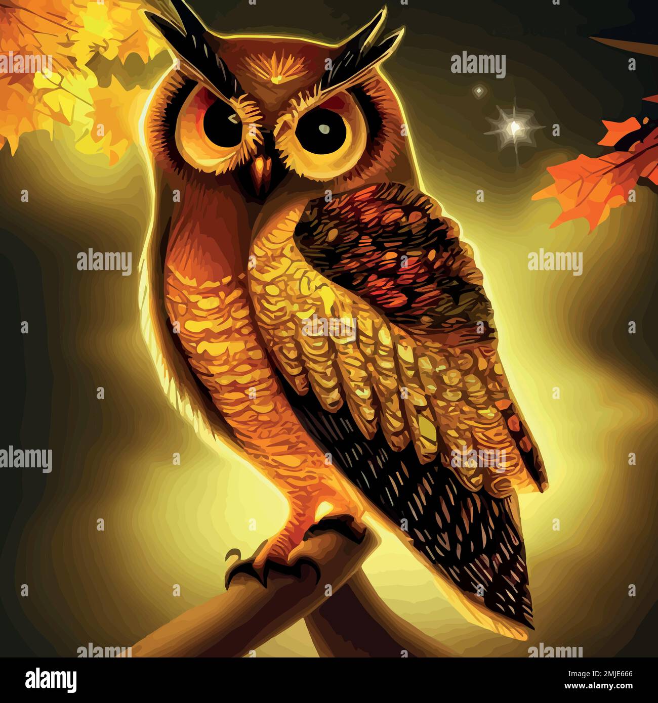 Beautiful hand drawn owl in the forest. wise bird dressed in retro