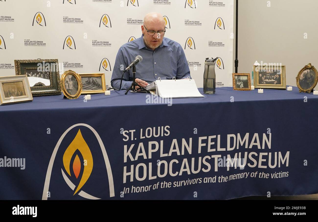Creve Coeur, United States. 27th Jan, 2023. Brian Herstig, President & CEO of the Jewish Federation of St. Louis, reads some of the 4000 names of victims of the Holocaust on International Holocaust Remembrance Day at the Kaplan Feldman Holocaust Museum, in Creve Coeur, Missouri on Friday, January 27, 2023. The international memorial day commemorates the victims of the Holocaust, which resulted in the murder of one third of the Jewish people, along with countless members of other minorities between 1933 and 1945 by Nazi Germany. Photo by Bill Greenblatt/UPI Credit: UPI/Alamy Live News Stock Photo