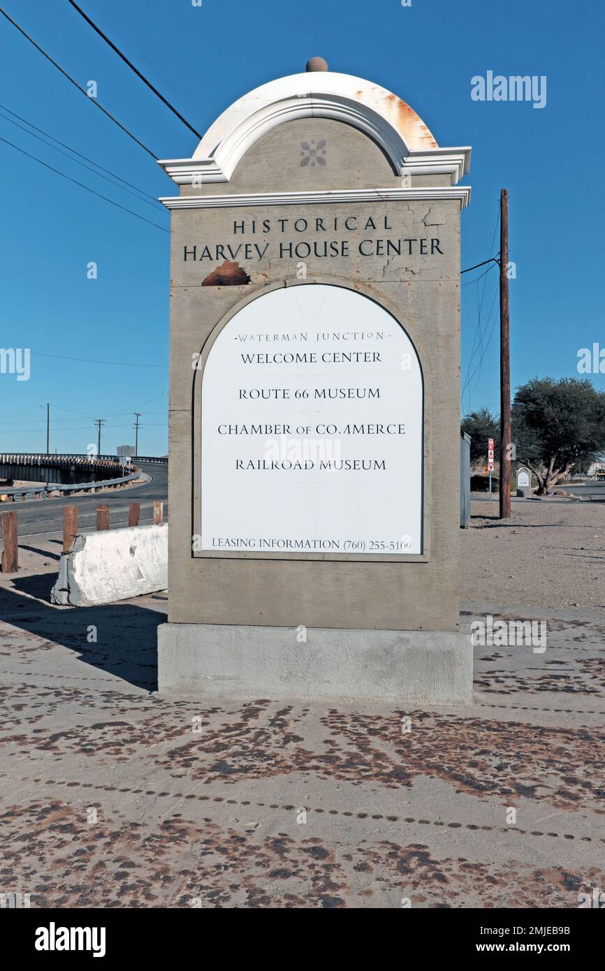 Historical Harvey House Center in Barstow, California holds an Amtrak station, Route 66 Museum, Railroad Museum, Welcome Center, & Chamber of Commerce Stock Photo