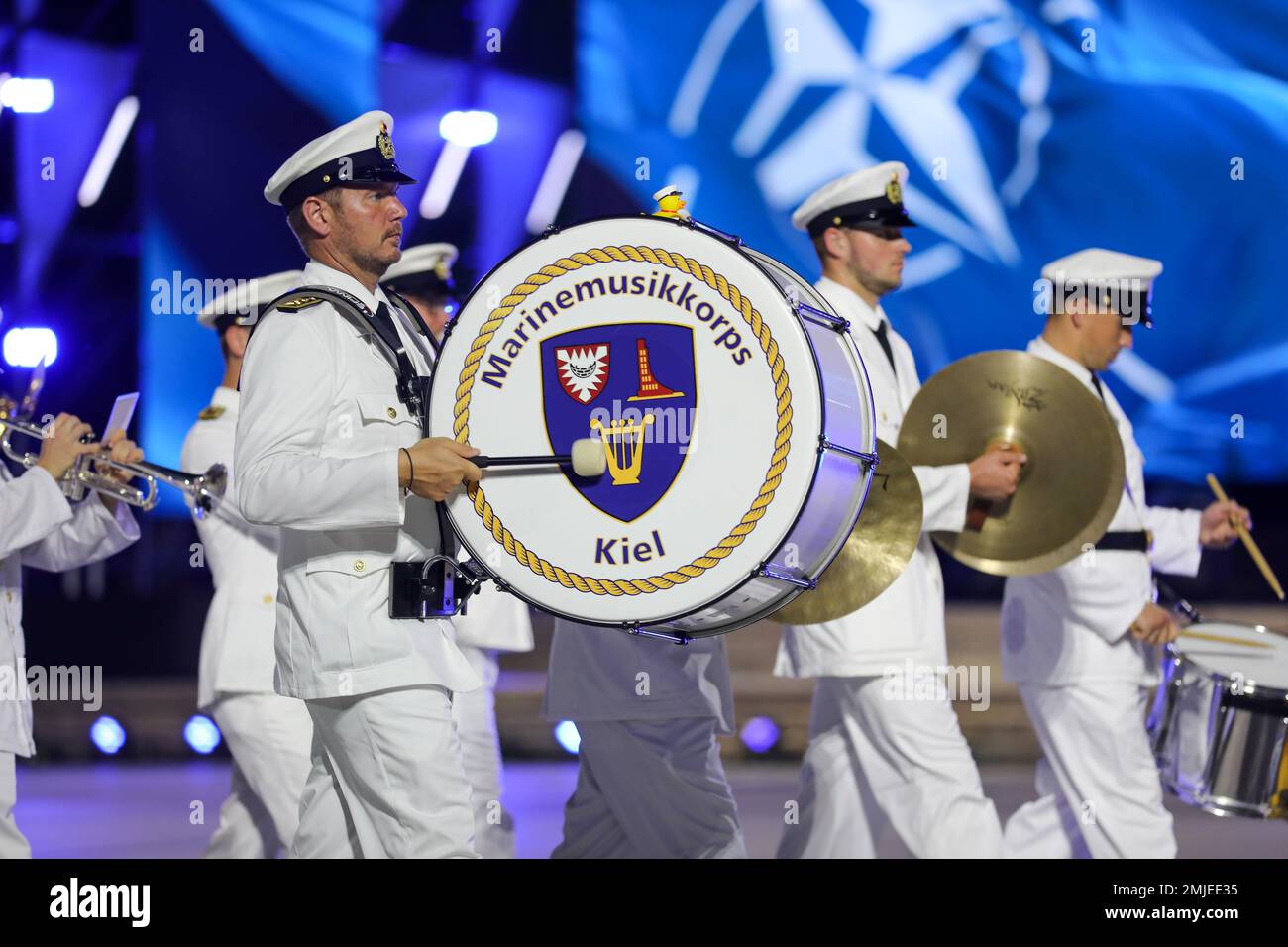 A German sailor marches during the inaugural military tattoo at Vilnius, Lithuania, Aug. 27, 2022. Lithuania invited allied nations to a military tattoo for the first time in its history, including the 1st Infantry Division Band. Stock Photo