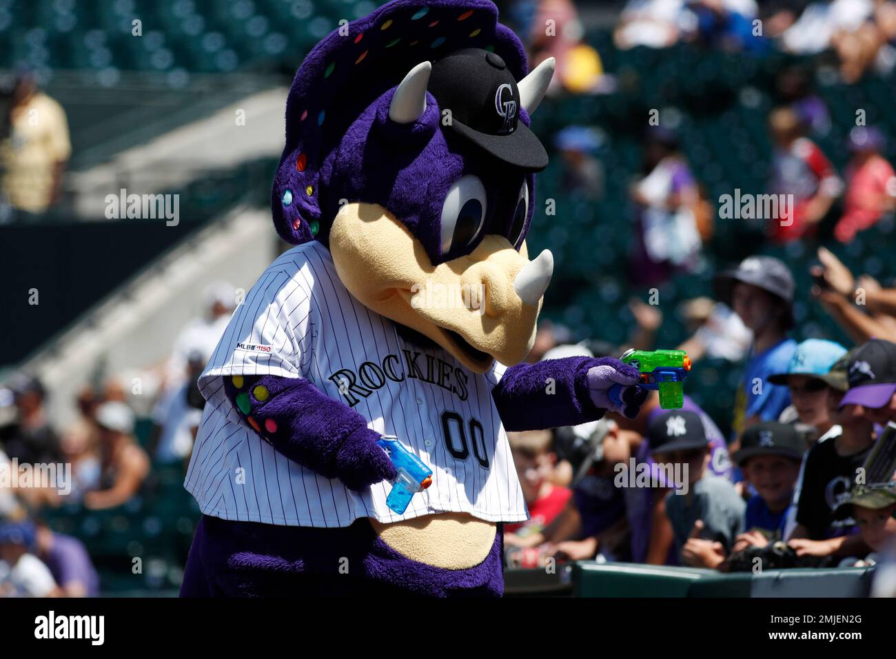 Colorado Rockies mascot dinger the dinosaur in the first inning of a  baseball game Sunday, July 4, 2021 in Denver. (AP Photo/David Zalubowski  Stock Photo - Alamy