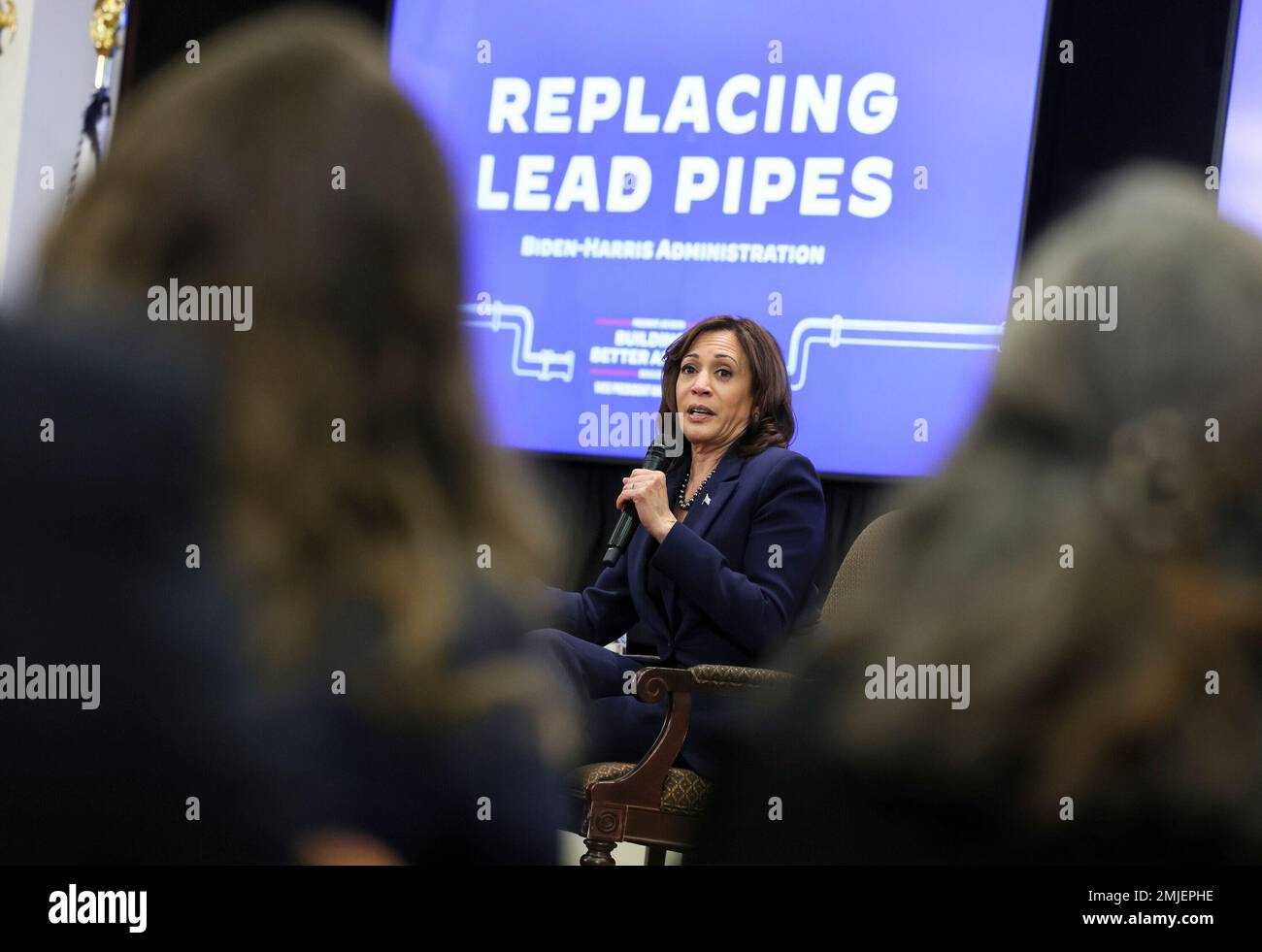 United States Vice President Kamala Harris addresses a gathering of state and local government officials, labor leaders and NGOs from across the U.S. during an Accelerating Lead Pipe Replacement Summit at The White House on Friday January 27, 2023 in Washington D.C. Credit: Jemal Countess / Pool via CNP Stock Photo