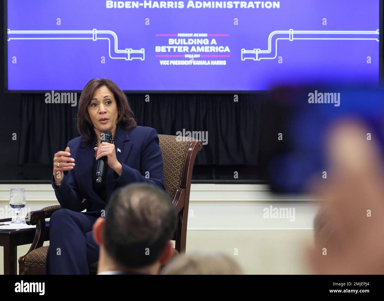 United States Vice President Kamala Harris addresses a gathering of state and local government officials, labor leaders and NGOs from across the U.S. during an Accelerating Lead Pipe Replacement Summit at The White House on Friday January 27, 2023 in Washington D.C.. Credit: Jemal Countess / Pool via CNP Stock Photo
