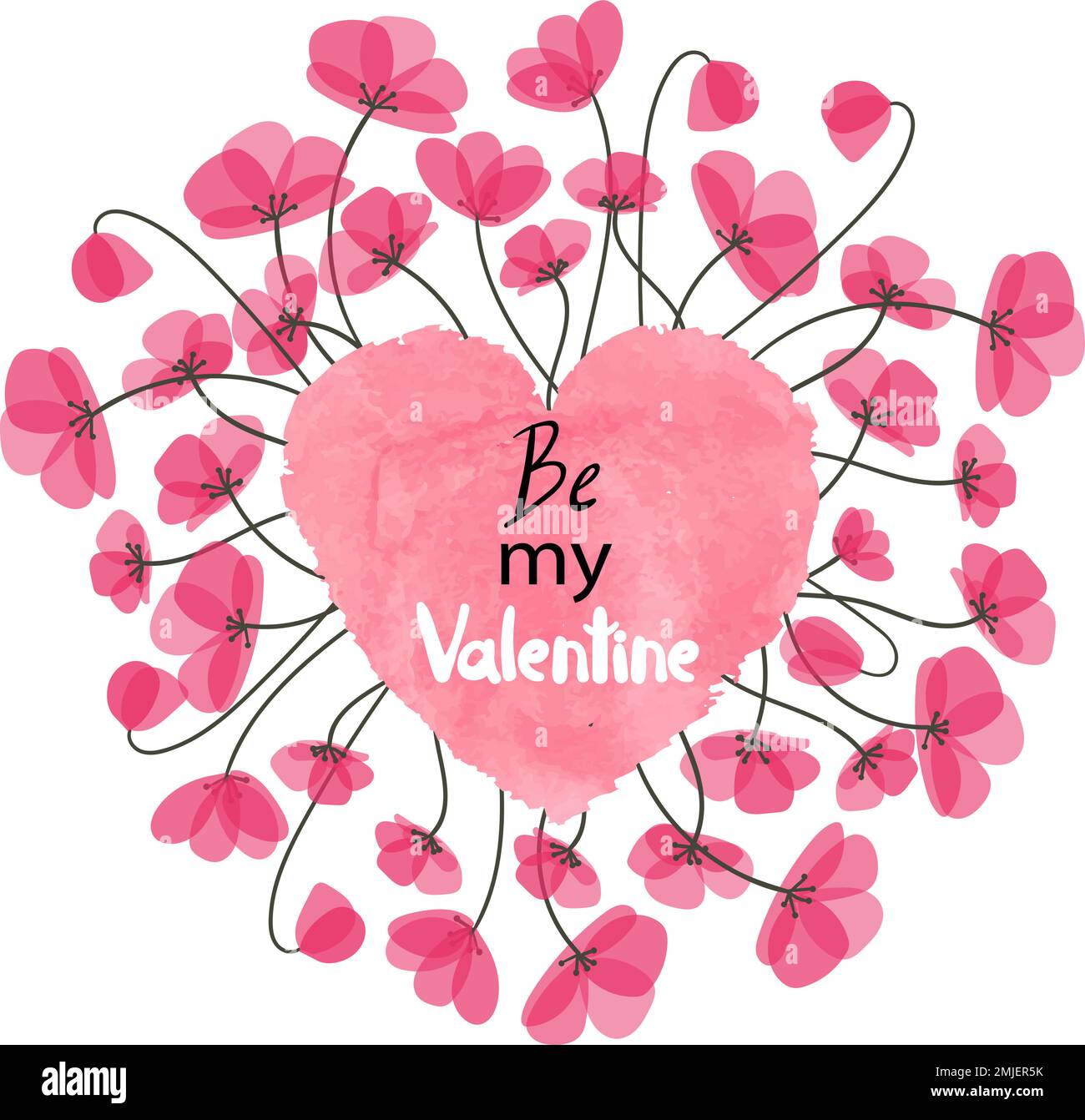 Valentines Day card design with watercolor heart and delicate flowers ...