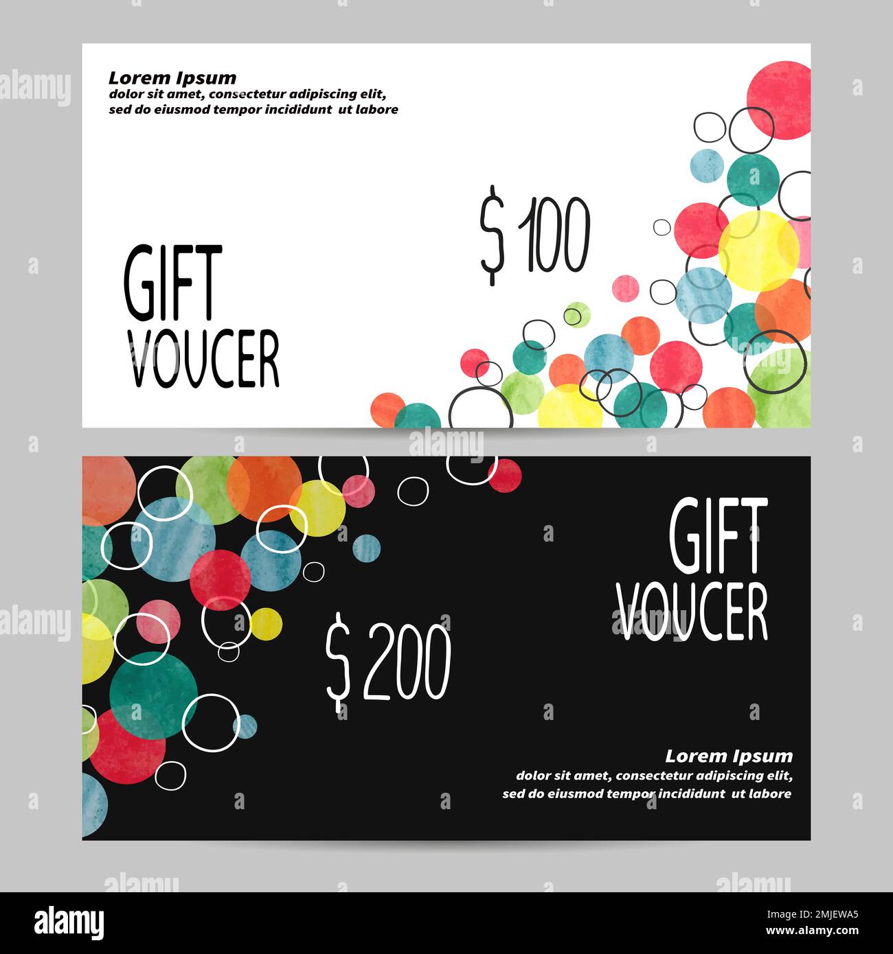 Gift voucher template with colorful bubbles. Design concept for gift