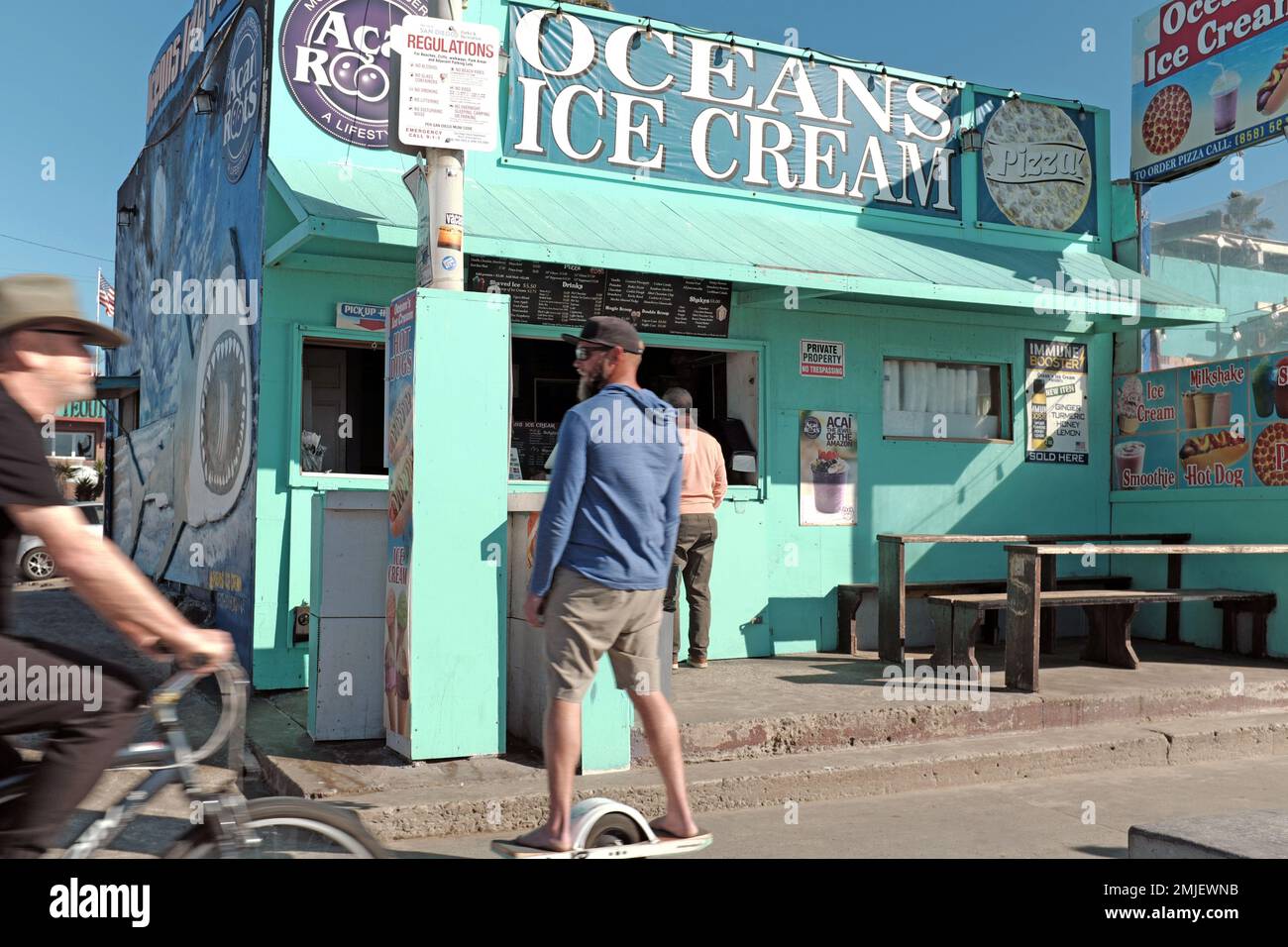 Sunny November day at Oceanside Ice Cream located on the boardwalk in Oceanside, California. Stock Photo