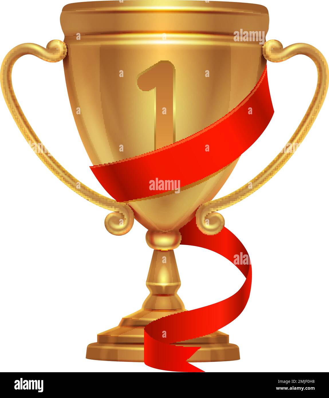 Winner trophy cup. Realistic golden award with red ribbon Stock Vector