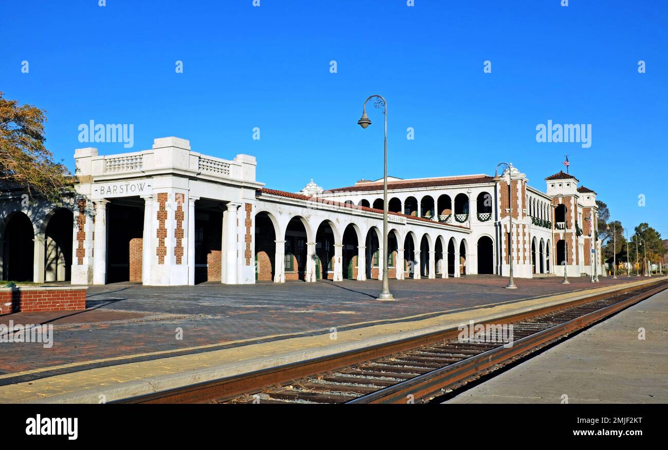 Casa de Desierto in Barstow, California is a railroad depot station, now used by Amtrak, in the Mojave Desert known for the Harvey Girls hospitality. Stock Photo