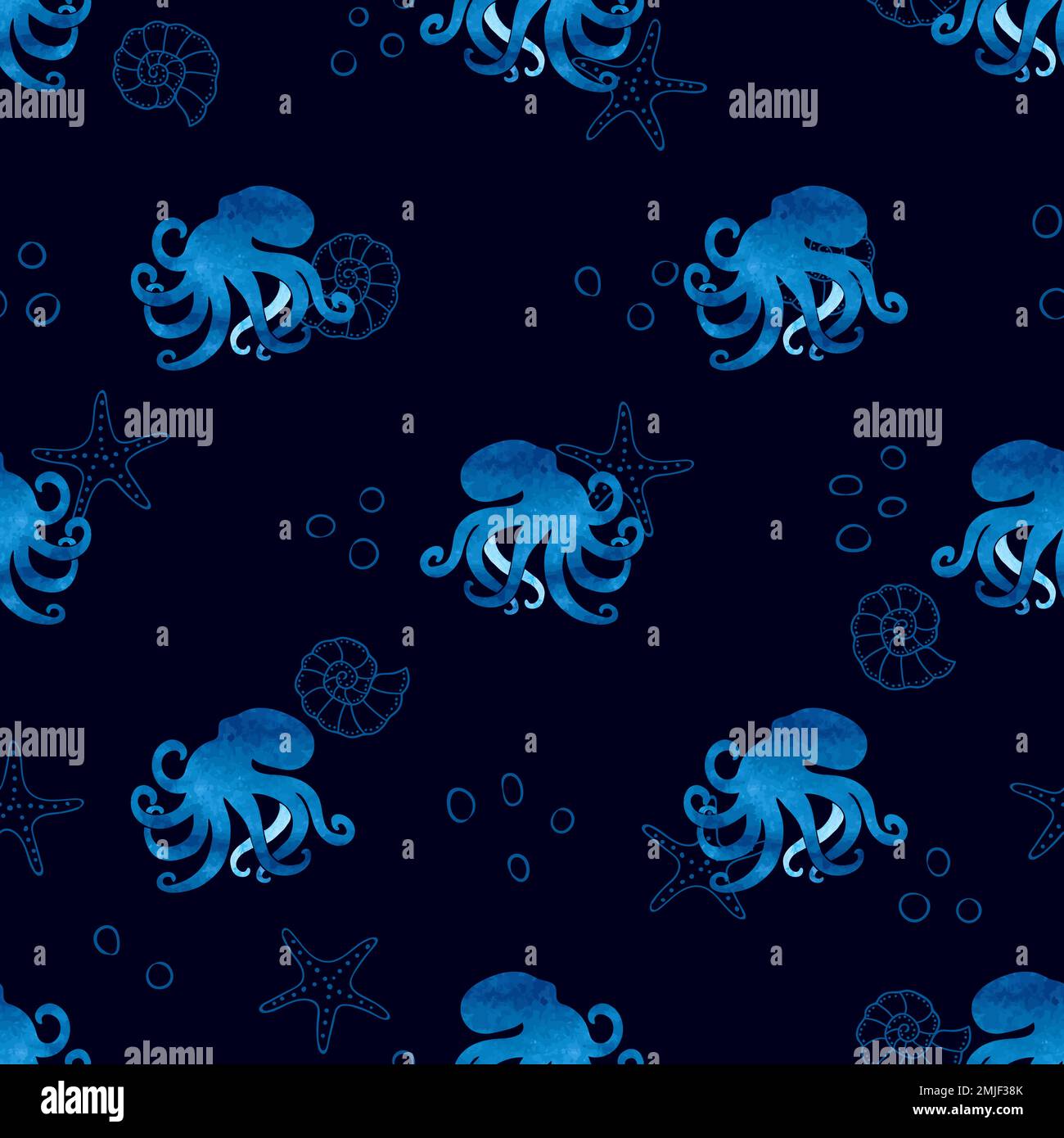 Watercolor blue seamless pattern with octopus. Vector marine background ...
