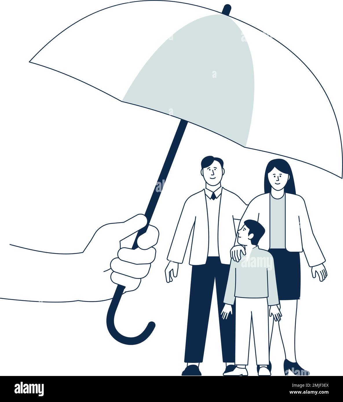 Parents and kid under umbrella. Family protection symbol Stock Vector