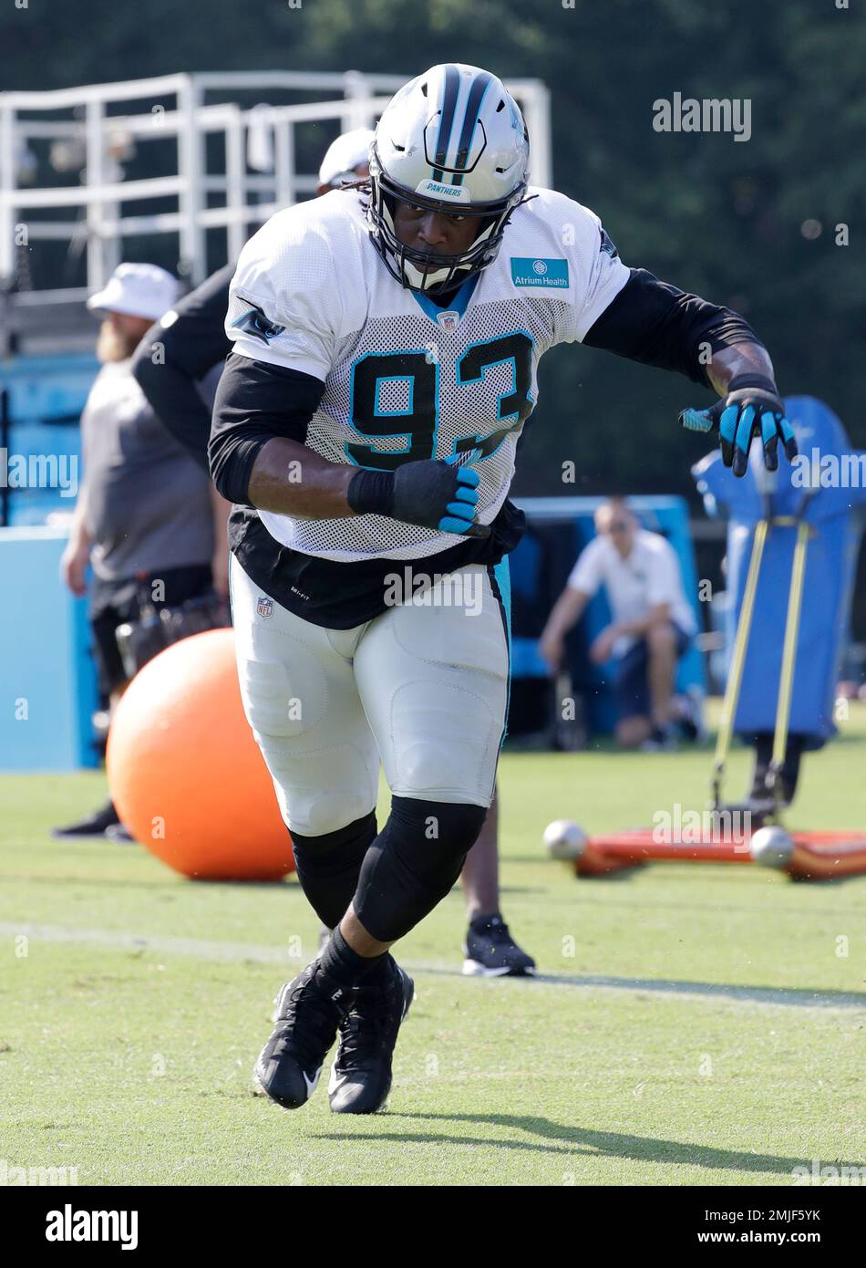 Carolina Panthers' Gerald McCoy (93) runs a drill during practice at the  NFL football team's training camp in Spartanburg, S.C., Monday, July 29,  2019. (AP Photo/Chuck Burton Stock Photo - Alamy