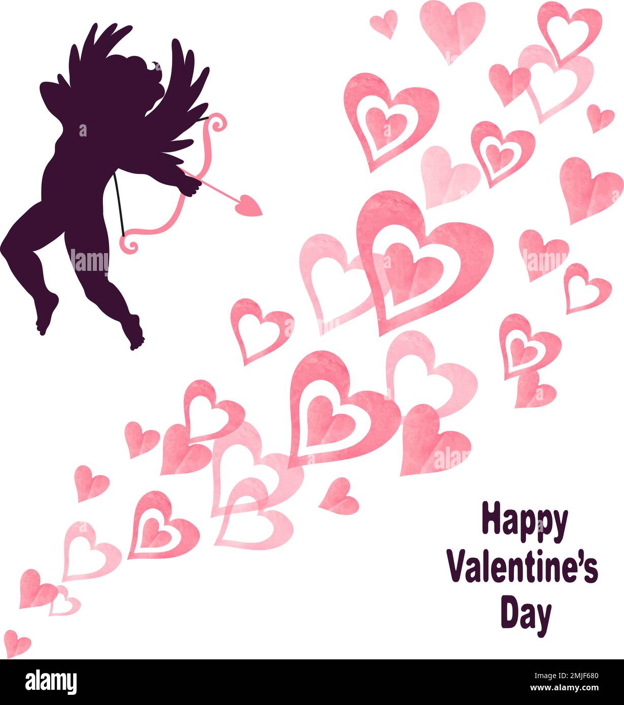 Valentines Day card design with Cupid and watercolor hearts. Vector ...