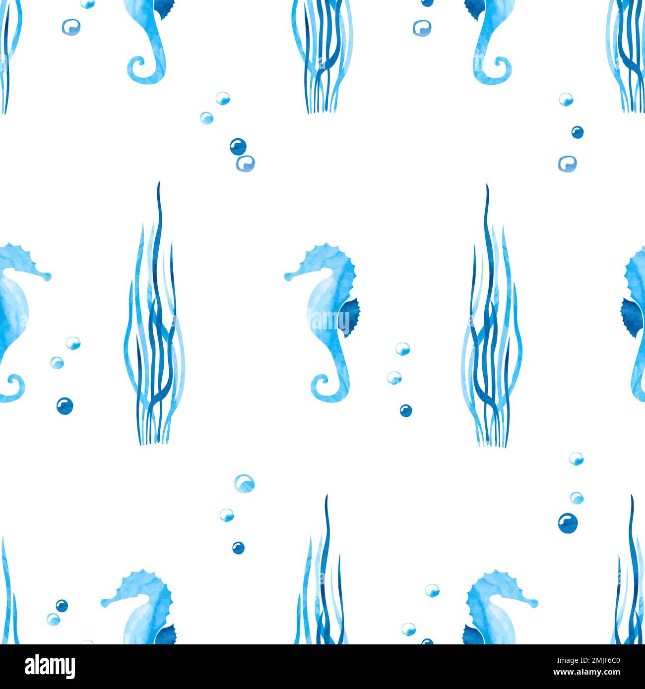 Watercolor blue seamless pattern with sea horses and seaweeds. Vector ...