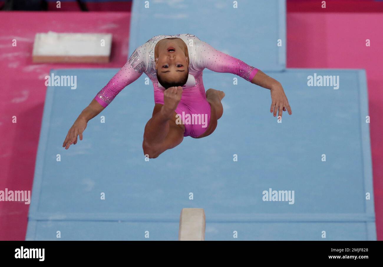 Flavia Saraiva of Brazil competes on beam to win the bronze medal in the womens individual all-around artistic gymnastics at the Pan American Games in Lima, Peru, Monday, July 29, 2019