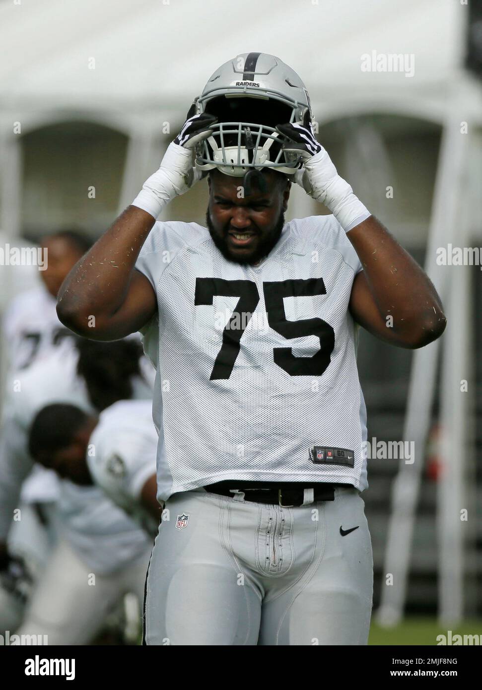 Oakland Raiders offensive tackle Brandon Parker (75) during NFL football  training camp Monday, July 29, 2019, in Napa, Calif. (AP Photo/Eric Risberg  Stock Photo - Alamy