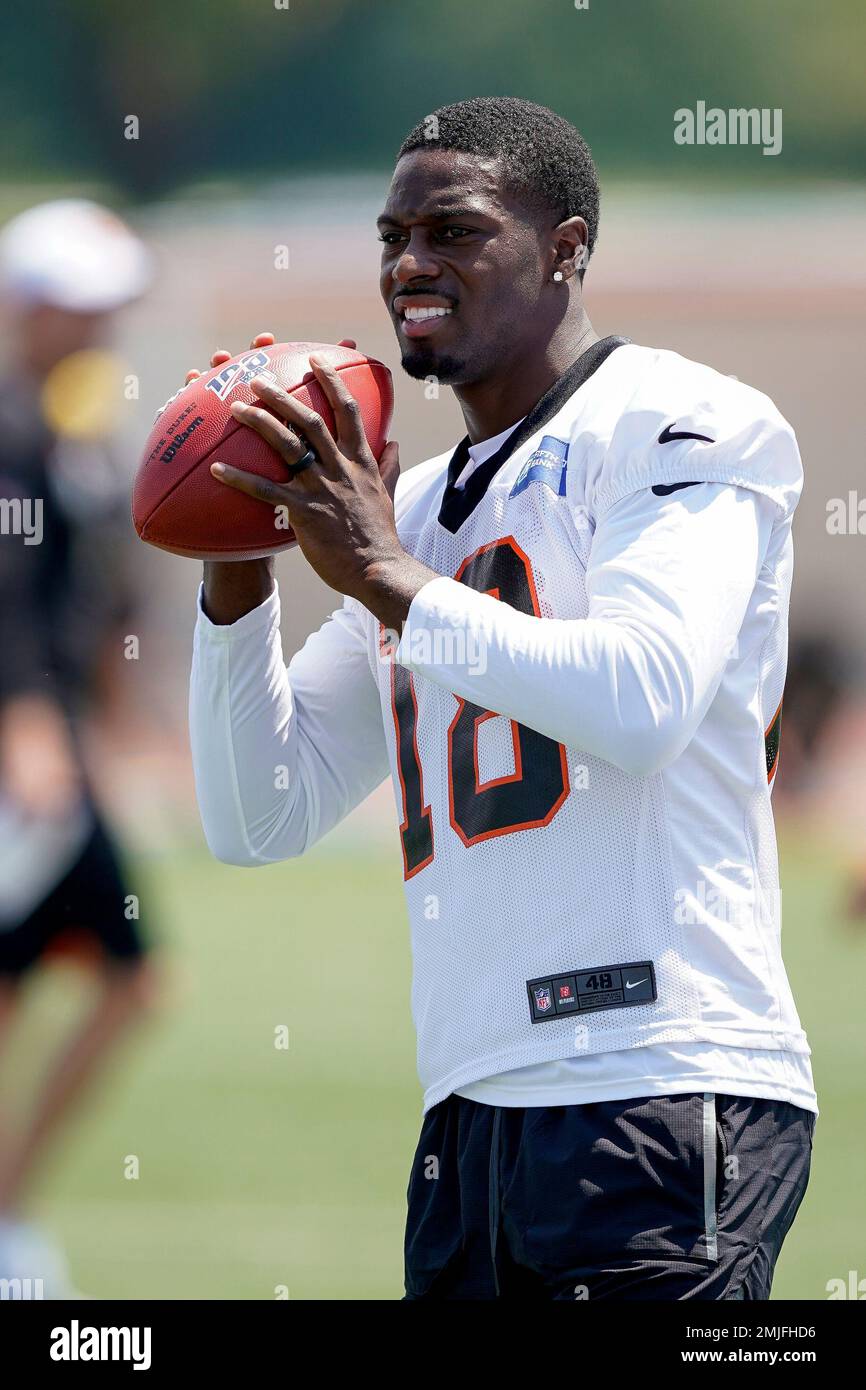 Cincinnati Bengal wide receiver A.J. Green (18) catches a pass during the  first day of NFL football training camp in Dayton, Ohio, Saturday, July 27,  2019, in Dayton, Ohio. (AP Photo/Bryan Woolston