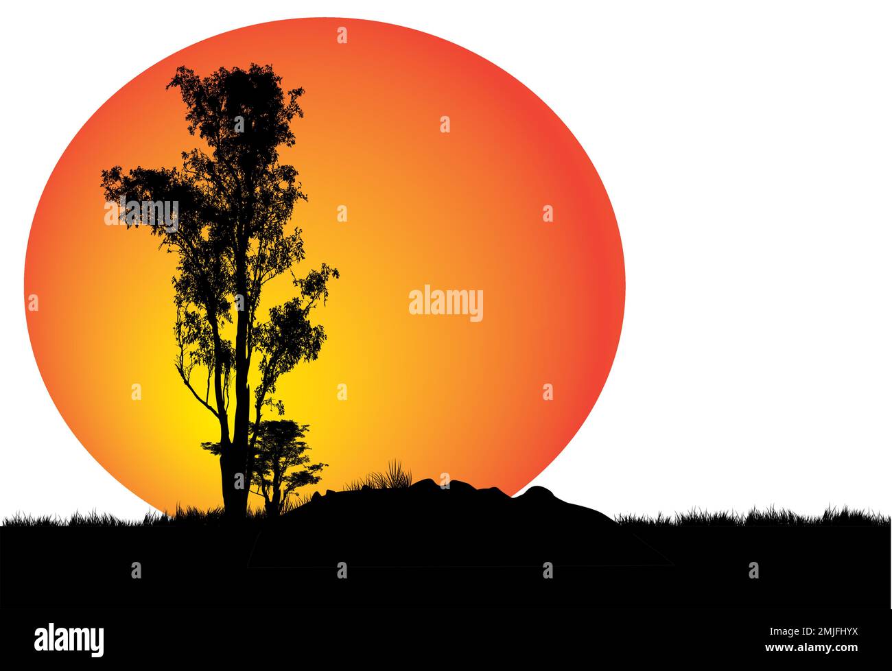 Silhouette of a tree at sunset, vector art illustration Stock Vector