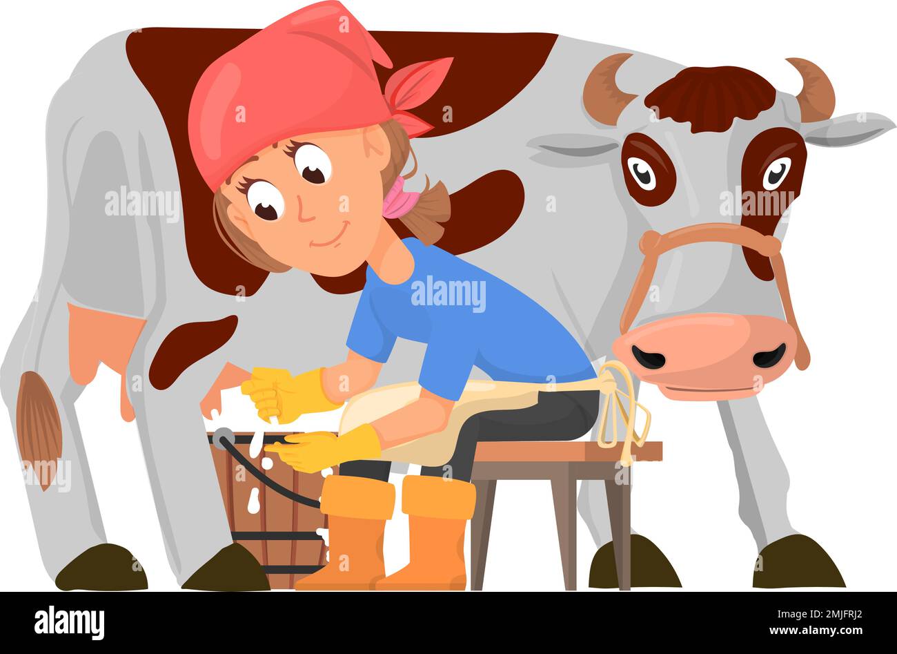Girl milking cow. Cartoon woman farmer character Stock Vector