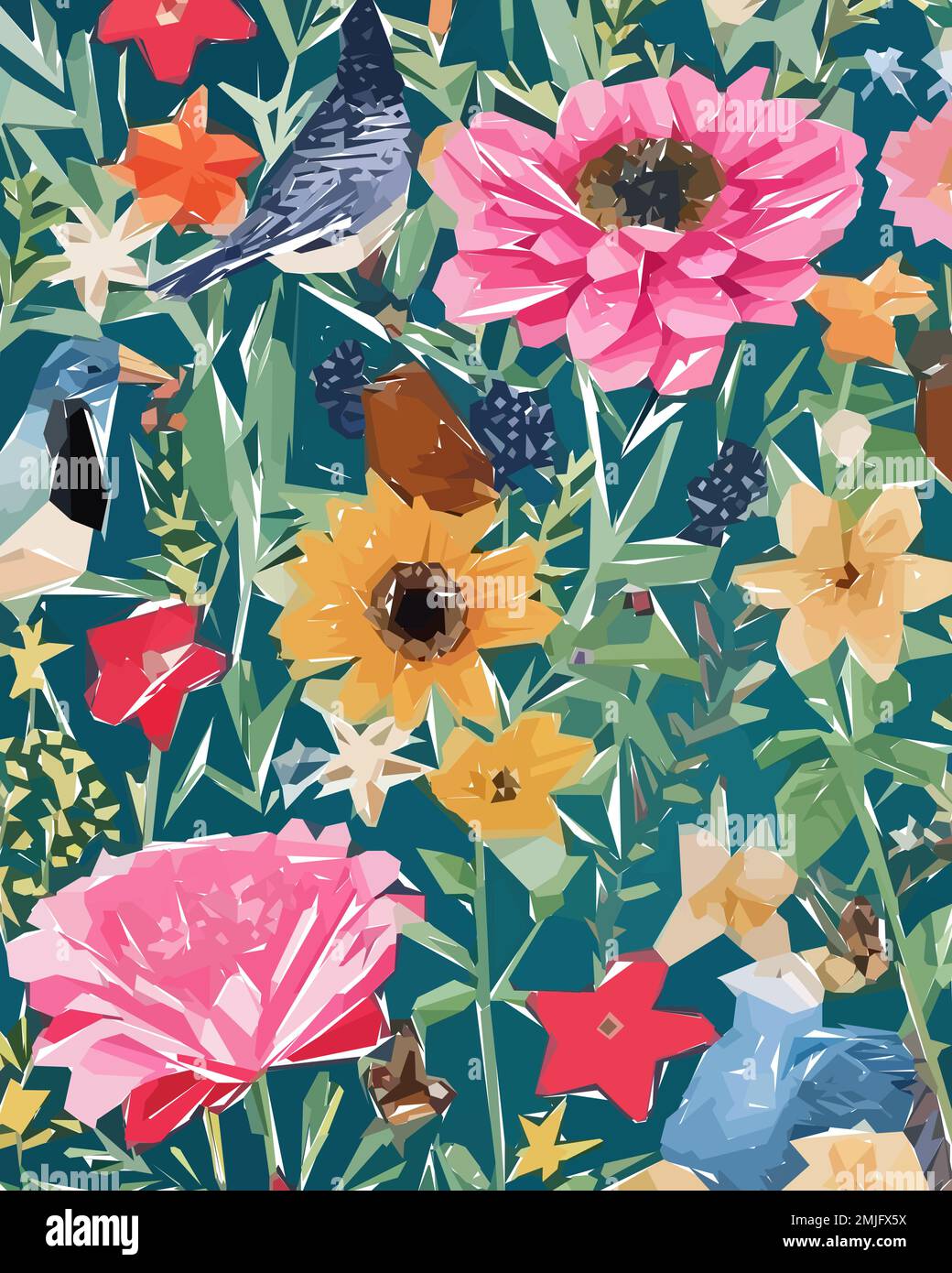 Floral background with birds, flowers and butterflies, vector ...