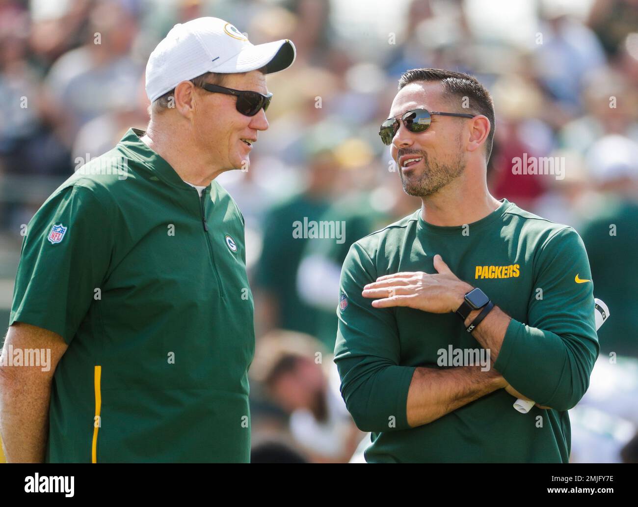 Green Bay Packers head coach Matt LaFleur and president Mark Murphy talk  during NFL football training camp Thursday, July 25, 2019, in Green Bay,  Wis. (AP Photo/Morry Gash Stock Photo - Alamy