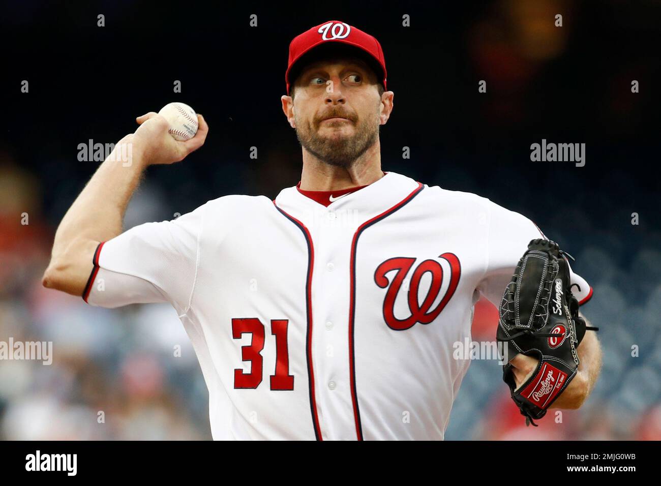 Washington Nationals starting pitcher Max Scherzer delivers a pitch during  a baseball game against the Kansas City Royals, Saturday, July 6, 2019, in  Washington. The Nationals are paying tribute to the Montreal