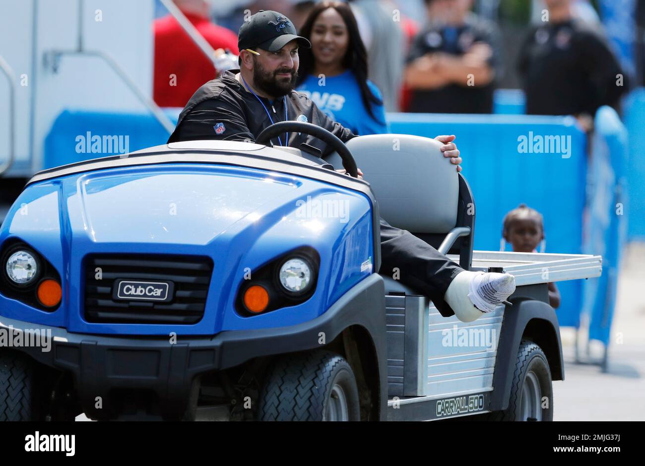 Detroit Lions coach Matt Patricia drives a cart during training camp at the  Lions NFL football practice facility, Thursday, July 25, 2019, in Allen  Park, Mich. Patricia is beginning his second training