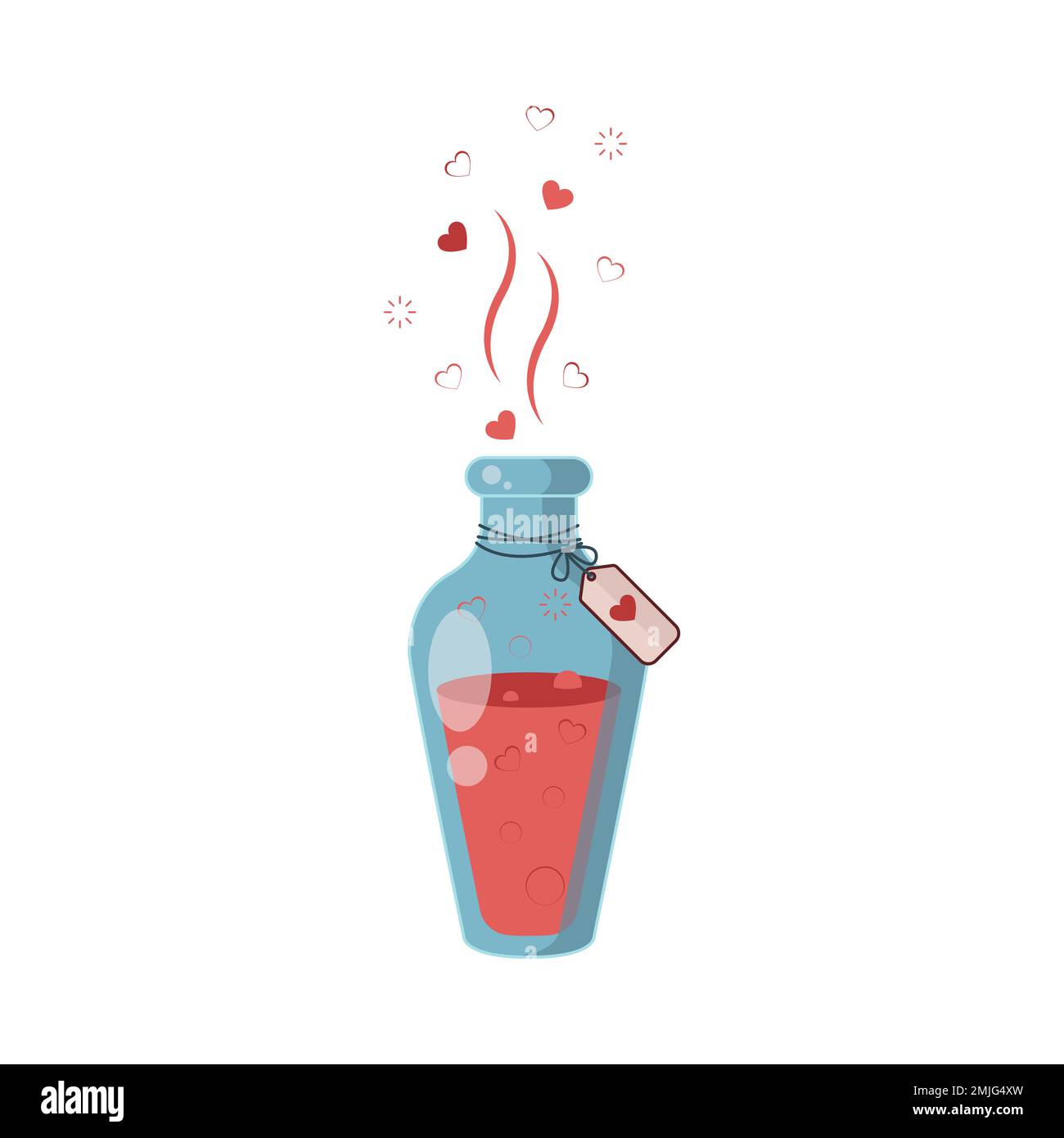 Love potion. The drink that makes you fall in love with yourself. Bottles of Magic elixir. Red Liquid in glass jar in flat style. Vector illustration. Stock Vector