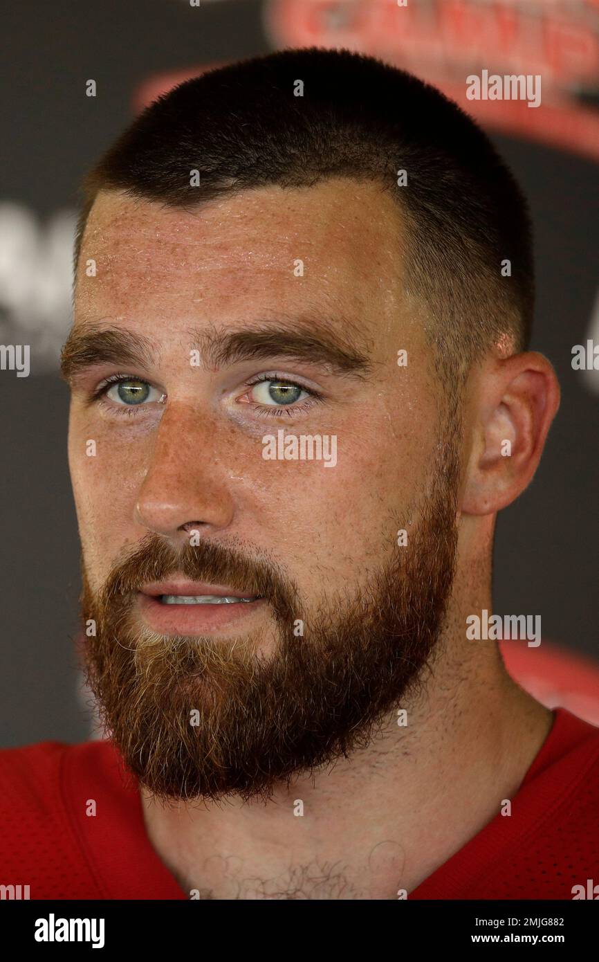 Kansas City Chiefs tight end Travis Kelce talks to the media after NFL