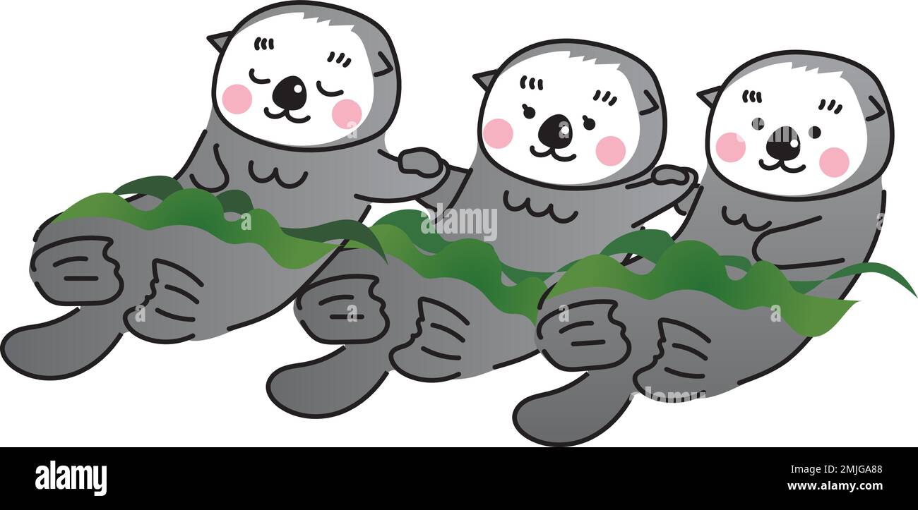 Illustration of sea otter wrapped in kelp and holding hands.  Three cute sea otters. Stock Vector